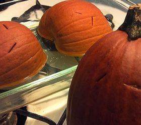 prep your pumpkin, go green, When a knife goes in easily they are ready Cool and scoop into 1 cup portions We freeze ours in zip closed baggies that can be flattened to stack in the freezer