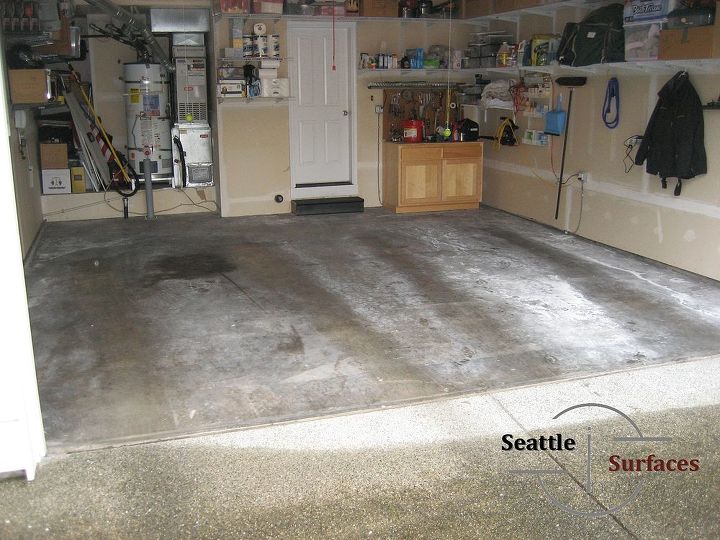 solid colored epoxy garage floor over an epoxy moisture barrier, concrete masonry, flooring, garages, Chalk White Efflorescence Due to a Moisture Problem made this Garage Floor Unsightly