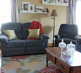 living room makeover without paint or new furniture, home decor, living room ideas, The rug pillows and throw help the couches blend into the room