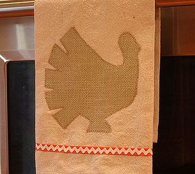 burlap turkey embellished drop cloth tea towel, seasonal holiday d cor, thanksgiving decorations, Orange binding tape and white rick rack add a punch of color