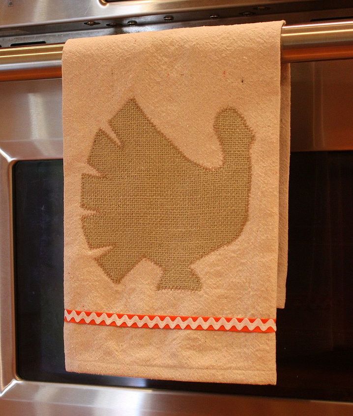 burlap turkey embellished drop cloth tea towel, seasonal holiday d cor, thanksgiving decorations, Orange binding tape and white rick rack add a punch of color