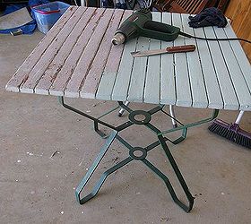 retro 1950 s garden table makeover, painted furniture, repurposing upcycling, Removing the old paint using a heat gun The undercoat seems to have turned pink some sort of bleed through