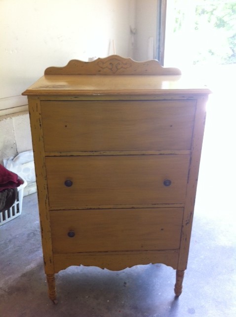 repainted antique dresser, painted furniture, BEFORE Mustard yellow NOT the color of choice