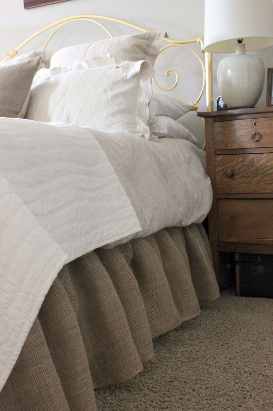 how to make a burlap bed skirt, bedroom ideas, crafts, home decor, The edge of the comforter hides the sewn edge