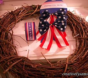 patriotic wreath tutorial, crafts, patriotic decor ideas, seasonal holiday decor, wreaths, Start with a grapevine wreath some ribbon a bow dollar tree