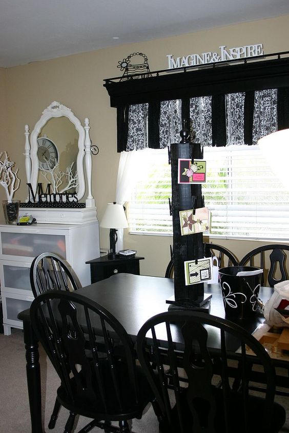 my craft room, craft rooms, home decor, Table was painte black to match the Black and White theme Card holder was made by my husband to hold cards