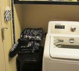 laundry room remodel, home improvement, laundry rooms, repurposing upcycling, shelving ideas, Even found cute accessories in black and white Homegoods even cute rag towels