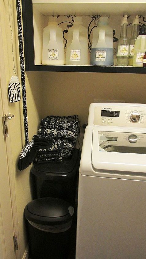 laundry room remodel, home improvement, laundry rooms, repurposing upcycling, shelving ideas, Even found cute accessories in black and white Homegoods even cute rag towels