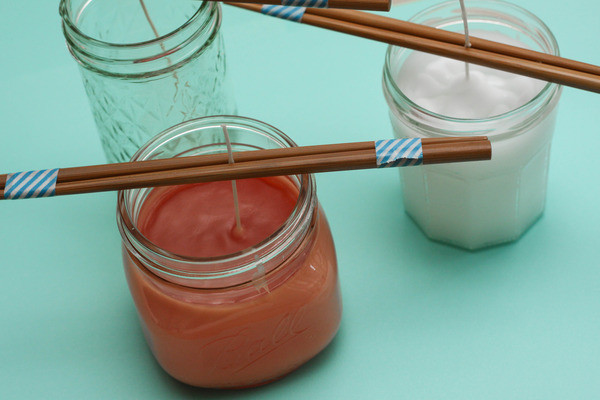 diy citronella candle, crafts, mason jars, Let cool completely Wait about five minutes for the wax to cool and then place the candle in the fridge or freezer Keep the chopsticks balanced on top The wax will harden in just a few hours