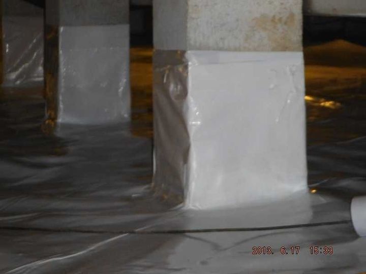encapsulating a crawl space with many concrete piers, Here s the final product Wrapped sealed pillars