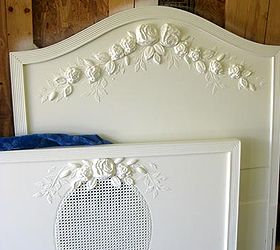 plain bed becomes ultra fancy with plaster molds and plaster stencils, painted furniture