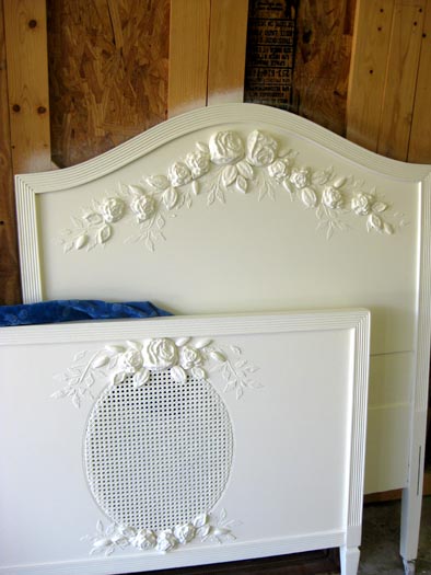 plain bed becomes ultra fancy with plaster molds and plaster stencils, painted furniture