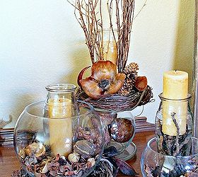 fall vignette decorating in glass vases and decorating the buffet, seasonal holiday d cor, Fall Vignette using glass bowls and vases filled with candles adding natural fillers to create a fall arrangement
