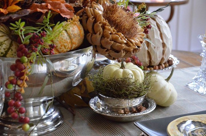 thanksgiving tablescape, seasonal holiday d cor, thanksgiving decorations, Silver pieces mixed with colorful natural elements