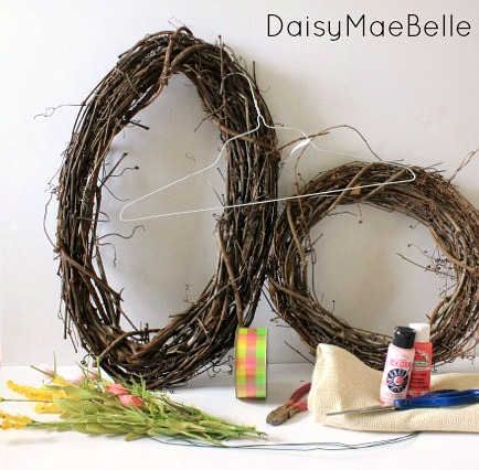 how to make a bunny wreath, crafts, easter decorations, seasonal holiday decor, wreaths, Supplies Oval Wreath Round Wreath Wire Coat Hanger Floral Wire Wire Snips Burlap Pink Paint Ribbon Silk Flowers Hot Glue Scissors Paintbrush