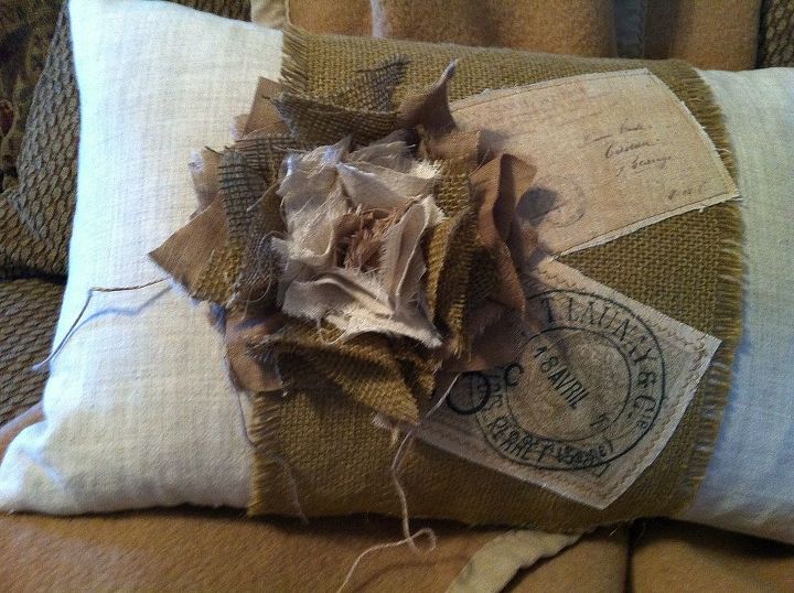 shabby french pillows, crafts, home decor, Burlap on linen look fabric