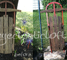 a vintage sled found some love, gardening, repurposing upcycling, A before and after picture