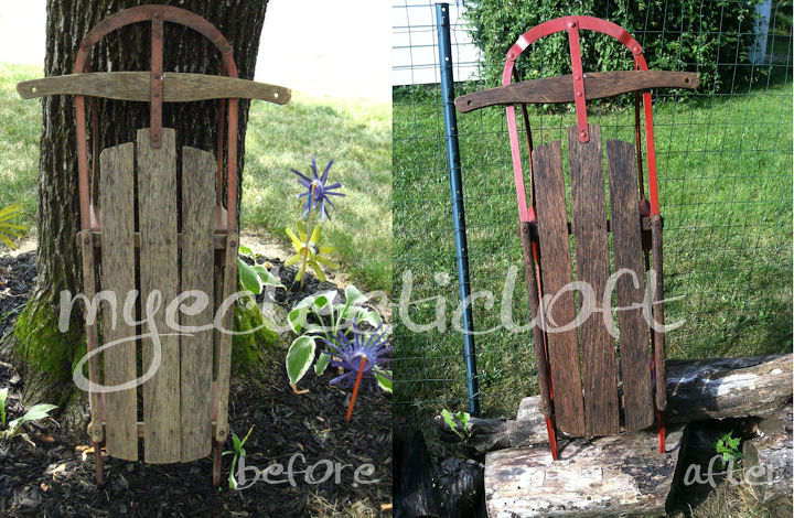 a vintage sled found some love, gardening, repurposing upcycling, A before and after picture