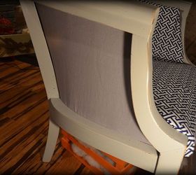damaged cane chair gets fabric makeover how to pics, The outside of the chair you can use any fabric there I was afraid I would run out of the greek key so I opted to use a contrasting gray Duck cloth strong and easy to work with