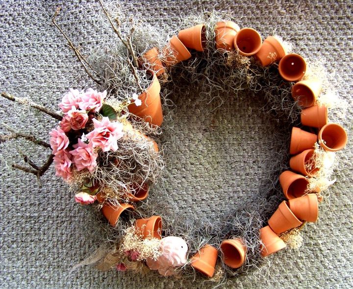 clay pot door wreath, crafts, repurposing upcycling, wreaths, Clay pot door wreath Glued to Garland Wreath with E6000