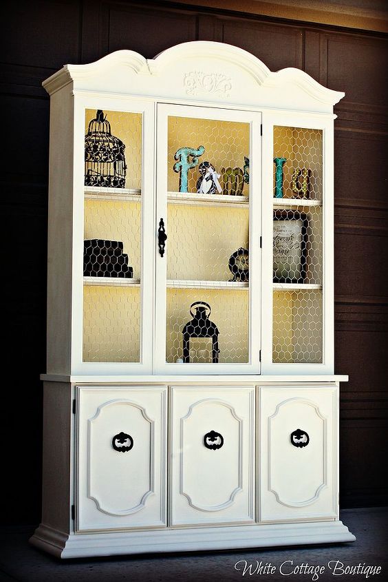 yellow and white chicken wire hutch, painted furniture