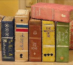 painted brick books, Used just ordinary bricks Found this one taller filler brick I have seen them with bricks with holes but I had these Looked at pics of old books for ideas Painted gold or brown lines for the pages
