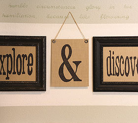 unbelievably easy to make framed burlap words mpinterestparty, crafts, home decor, living room ideas, I hung 2 horizontally and the center one vertically to add interest
