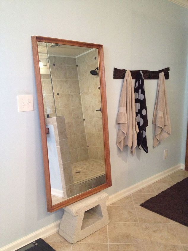 master bath towel rack and old tool box for my jewelry, bathroom ideas, home decor, repurposing upcycling, old center block holds my grandmothers mirror I was made fun of for that center block but it cleaned up well and I painted it with a creamy textured paint