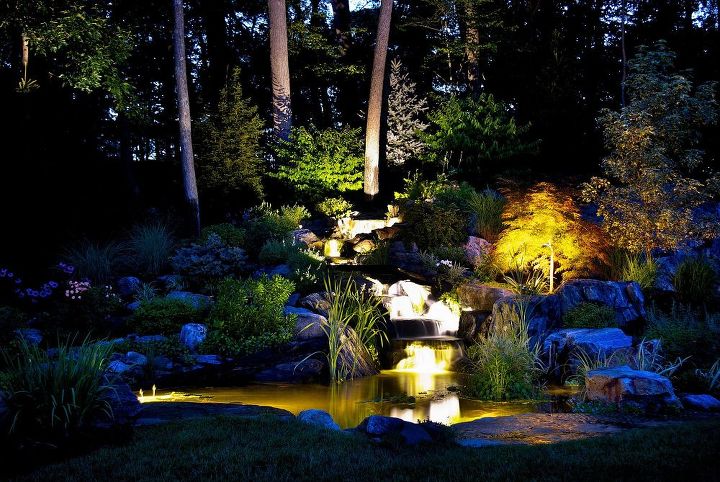 color in the landscape, go green, outdoor living, ponds water features, Stunning Nightime Views From The House