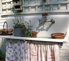 my favorite garden repurpose potting sink fountain, gardening, outdoor living, seasonal holiday decor, thanksgiving decorations, Summertime aprons skirt the sink and hide the recirculating pump