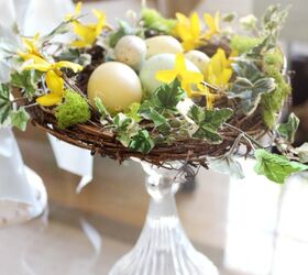 an easy spring bird nest with speckled eggs project, crafts, seasonal holiday decor, wreaths, Pretty on top of a vintage glass candlestick