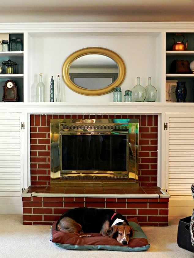 fireplace and built ins before and after, fireplaces mantels, home decor, living room ideas, Our basset s favorite spot