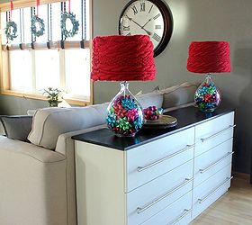 easy no sew diy lampshade cover using a scarf, crafts, lighting, seasonal holiday decor, The IKEA Tarva dresser I transformed into a kitchen sideboard all decked out for Christmas