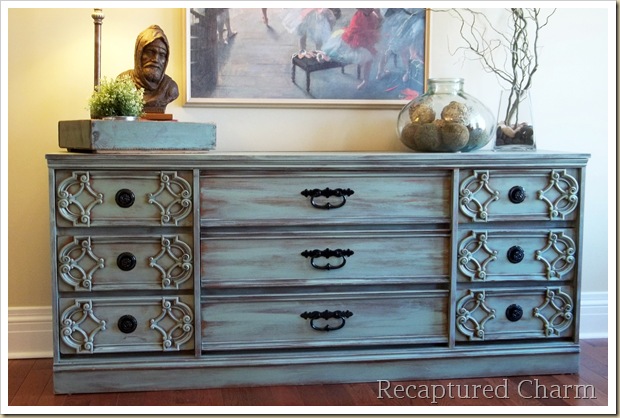 vintage dresser in jade, painted furniture, With very little paint and allowing the original color to show through