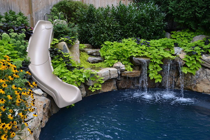 want to see an awesome pool and spa in a small backyard, landscape, outdoor living, ponds water features, pool designs, spas, Moss rock waterfall with sweet potato vine