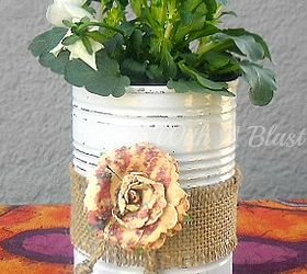 pretty plant pots decoupaged embellished, crafts, decoupage, This can is much simpler but my favorite of the three Painted some sanding over the ridges edge a burlap strip and a lovely faux flower