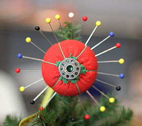 sewing themed mini christmas tree, christmas decorations, crafts, seasonal holiday decor, The tree topper was my favorite part The pin cushion and pins looked so midcentury retro