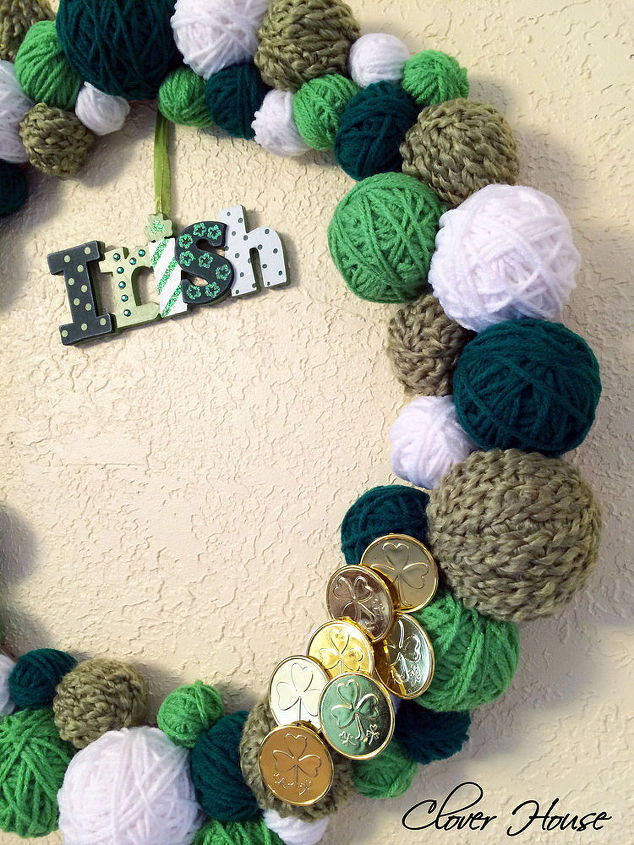 st patrick s day yarn wreath, crafts, seasonal holiday decor, wreaths, Add embellishments