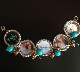 create personalized gifts using bottlecaps, crafts, repurposing upcycling, Bottlecap Bracelet made with personal photos scriptures and beads I had laying around I spent only 2 47 making this