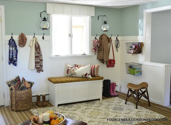 diy mudroom, laundry rooms, storage ideas, DIY a mudroom by adding a wooden wall treatment and beefy rod iron hooks with an added storage bin for shoes