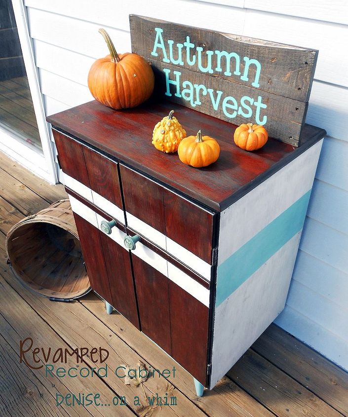 a rockin record cabinet makeover, chalk paint, painted furniture, repurposing upcycling, Brown teal and vintage white make the perfect combination on this now pretty cabinet