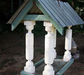 birdfeeder from vintage archetectural materials, outdoor living, repurposing upcycling, Used 4 posts cut to size for the columns topped with old tin for the roof