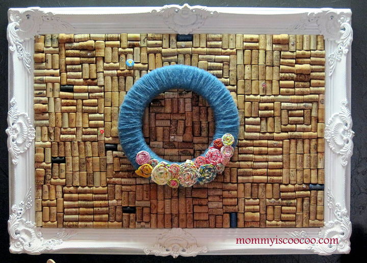 yarn rosette wreath diy tutorial, crafts, wreaths, Yarn Rosette Wreath on Large Cork Board with Awesome White Frame