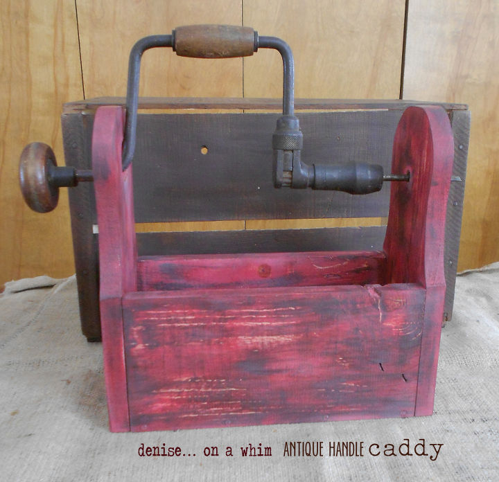 caddy with barn wood style paint finish, painting, repurposing upcycling, antique hand brace as handle