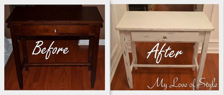 diy shabby chic foyer table distressing tutorial, home decor, painted furniture, shabby chic, Before and After