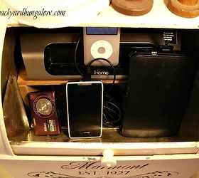 breadbox turned charging station, electrical, home decor, storage ideas, Hiding the clutter inside the breadbox to create a charging station