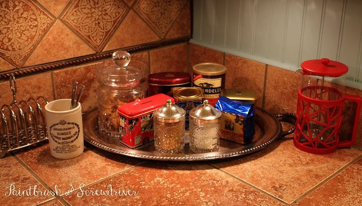 using trays to organize your kitchen, kitchen design, organizing, Silver tray holds everything for a cup of tea