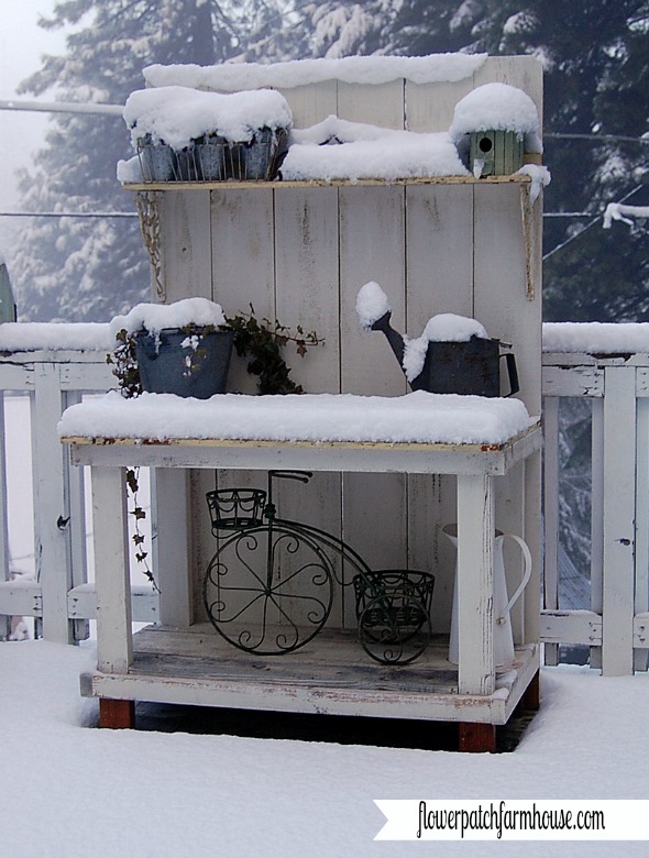 my diy potting bench through the seasons, diy, gardening, outdoor living, Winter