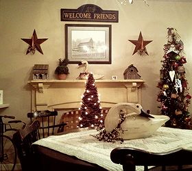decorating an antique fireplace mantel, christmas decorations, fireplaces mantels, living room ideas, seasonal holiday decor, another view with my primitive Christmas tree