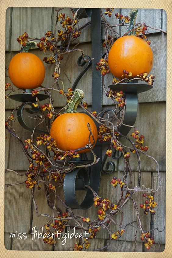 my back porch ready for fall, crafts, seasonal holiday decor, The baby pumpkin wall sconce up close